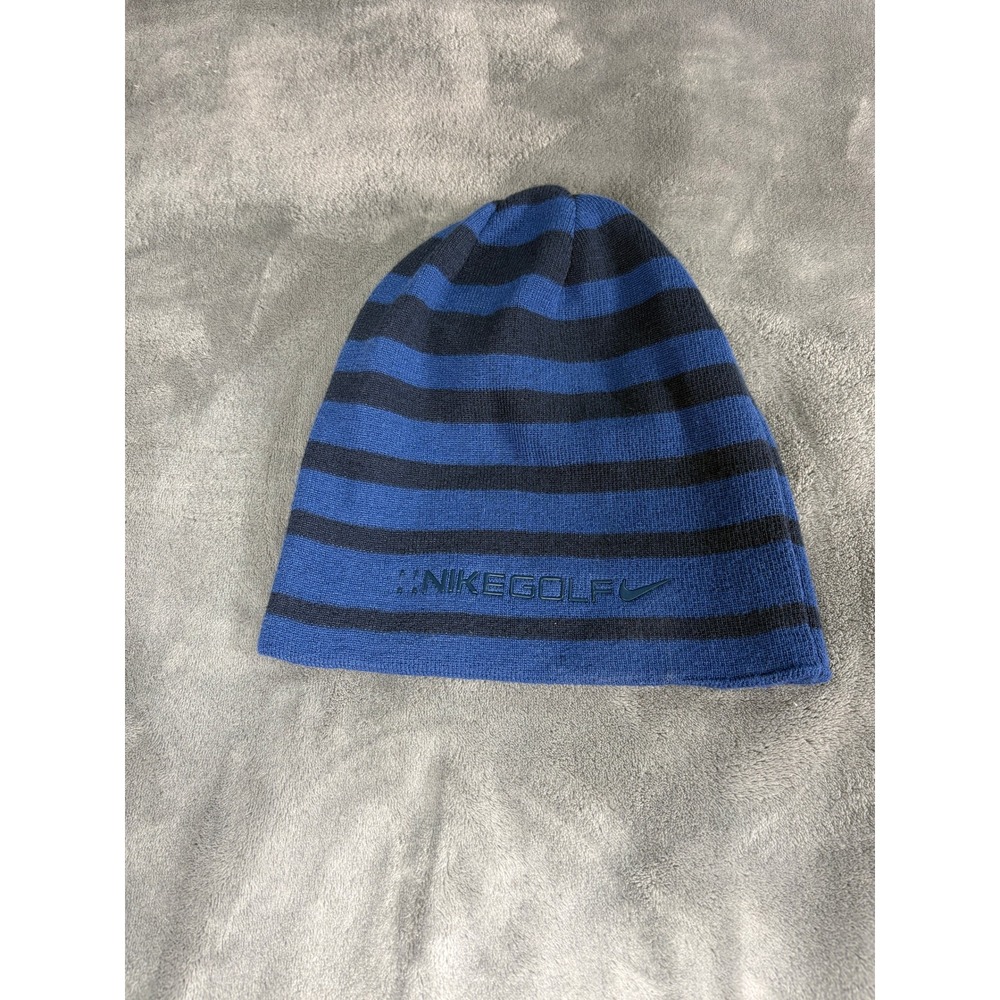 Nike Unisex Striped Knit Beanie Hat OS Blue Navy Raised Logo